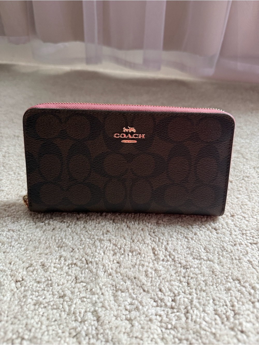 Coach Brown Signature Zip Wallet with Pink Trim